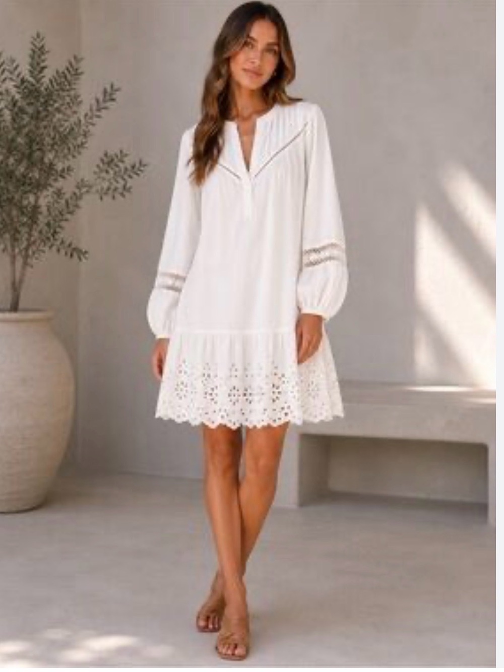 NEW LOFT White Eyelet Linen Blend Dress with Eyelet Trim